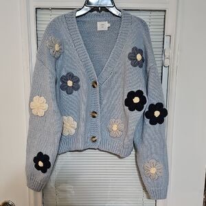 Stylish Light Blue Cardigan with Floral Design